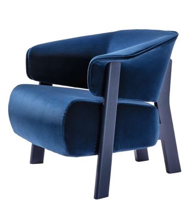 Blauer Back-Wing Sessel von Cassina mit Holzgestell, moderner Design Sessel für Wohnzimmer.